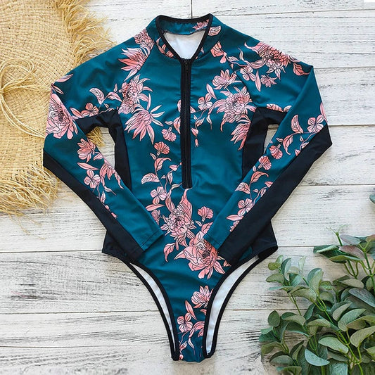 Long Sleeve Front Zip One Piece Swimsuit