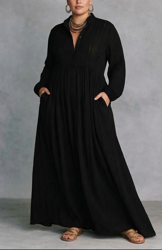 Women's Long Sleeve Button-Front Flowy Maxi Dress