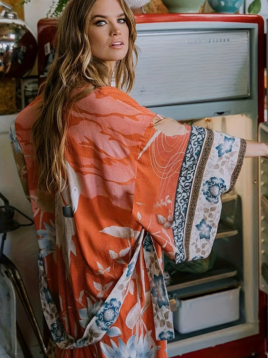 Floral Print Open-Front Beach Kimono