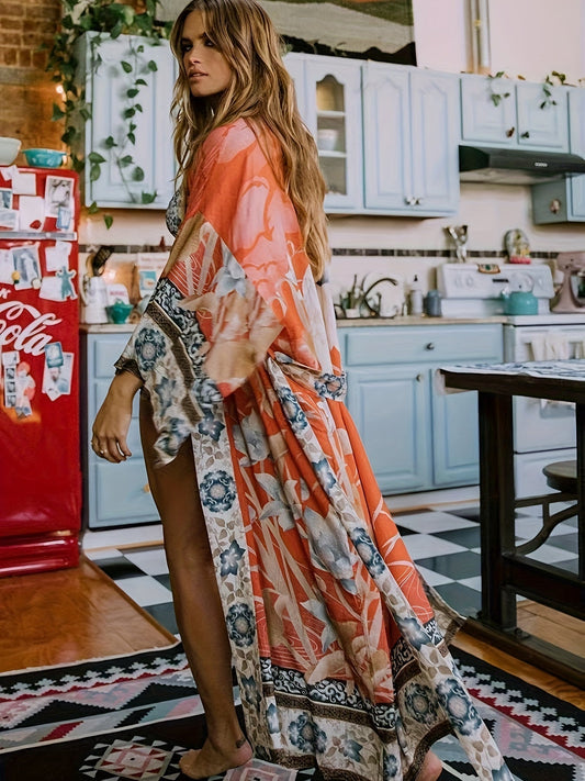 Floral Print Open-Front Beach Kimono