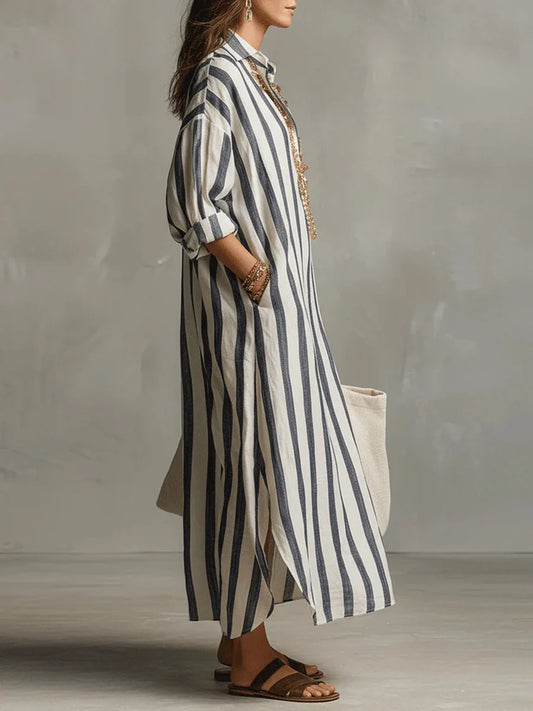 Striped V Neck Long Sleeve Maxi Shirt Dress