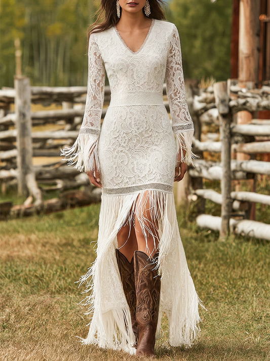 Floral Lace Fringe Hem Long Sleeve Maxi Dress