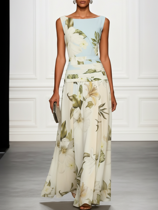 Boat Neck Sleeveless Floral Maxi Dress