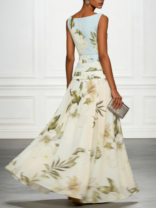 Boat Neck Sleeveless Floral Maxi Dress
