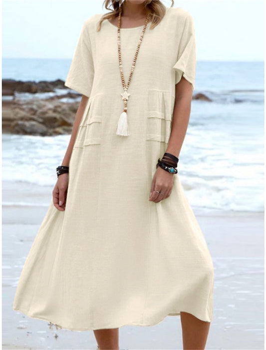 A-Line Cotton Linen Midi Dress