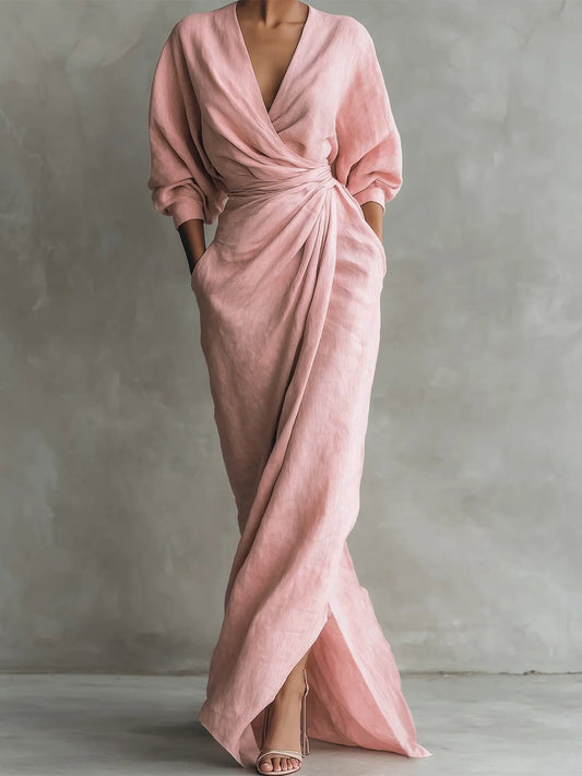 Draped V-Neck Maxi Wrap Dress With Pockets