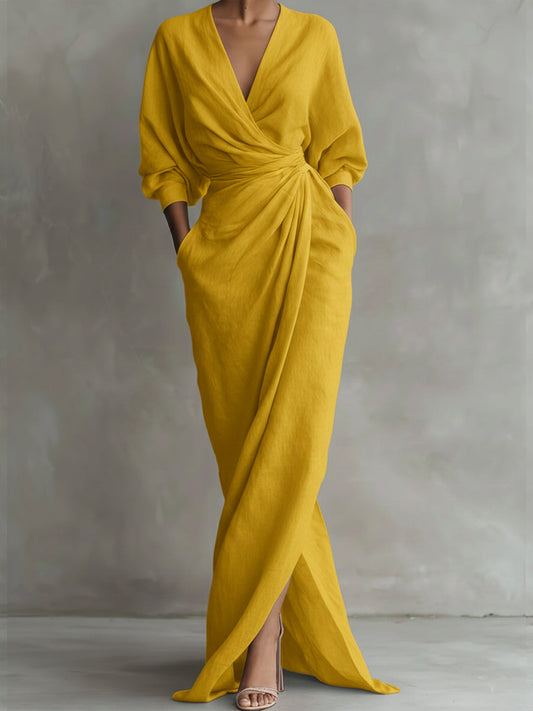 Draped V-Neck Maxi Wrap Dress With Pockets