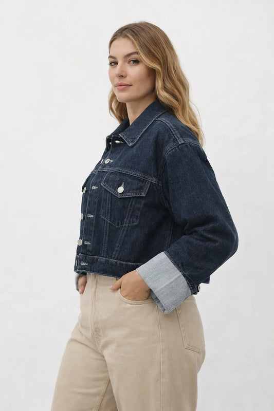 Cropped Button-Front Denim Jacket