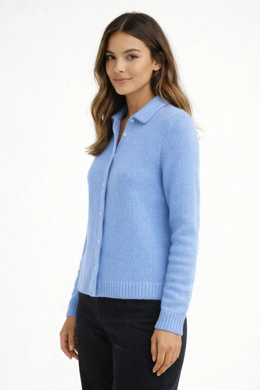 Cardigan for Women - Blue Cotton Blend Collar Button-Down - Casual & Office