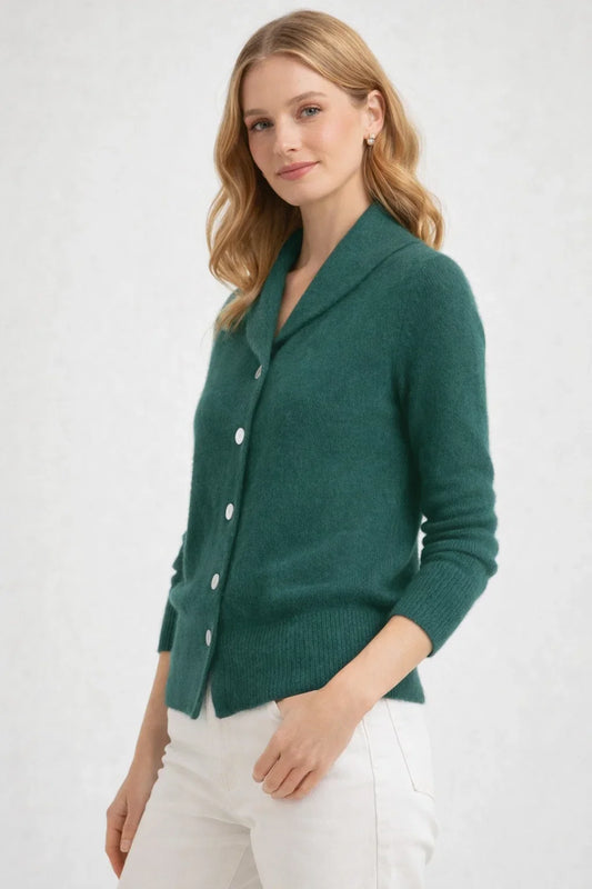 Cardigan for Women - Green Lapel Collar Button-Down - Office & Everyday Knit