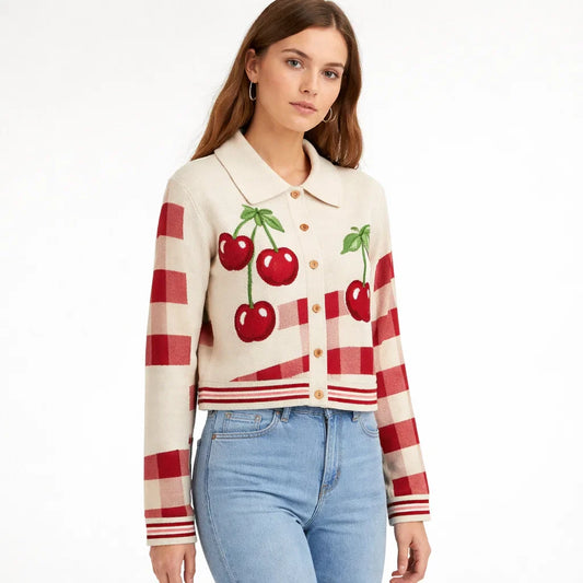 Cropped Cherry Blossom Print Knit Cardigan