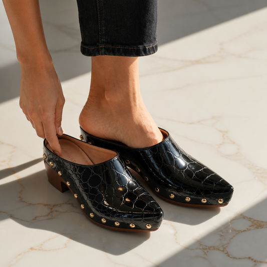 Croc Embossed Gold Trim Clog Mules