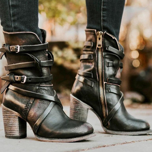 Vintage Leather-Look Heeled Ankle Boots