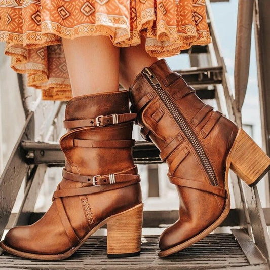 Vintage Leather-Look Heeled Ankle Boots
