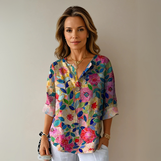 Floral Print V-Neck Summer Blouse
