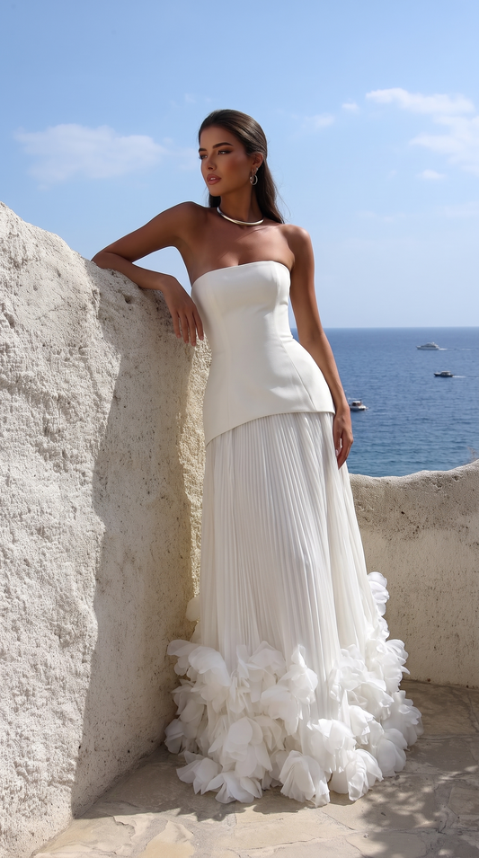 Strapless Knife Pleated Maxi Dress With Floral Hem