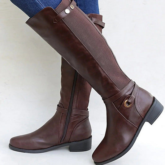 Knee-High Elastic Panel Leather Boots