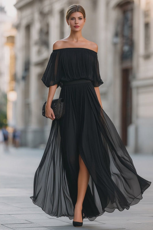 Off-Shoulder Pleated Chiffon Maxi Dress
